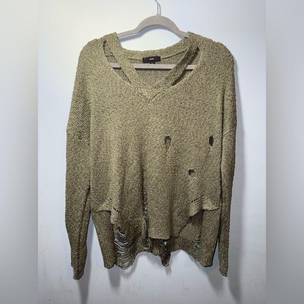 Fate Olive Green Loose Knit Distressed Grunge Pullover Sweater Size Large EUC